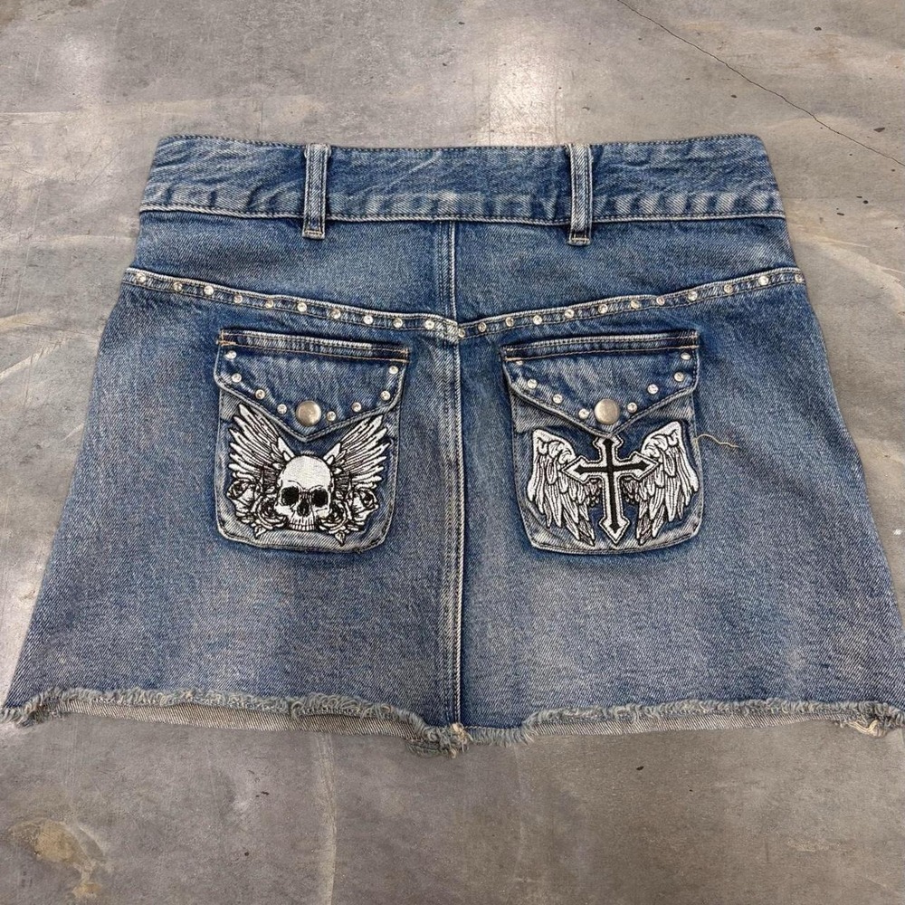Social Collision Y2K McBling Studded Denim Mini Skirt Skull Wing Cross XS